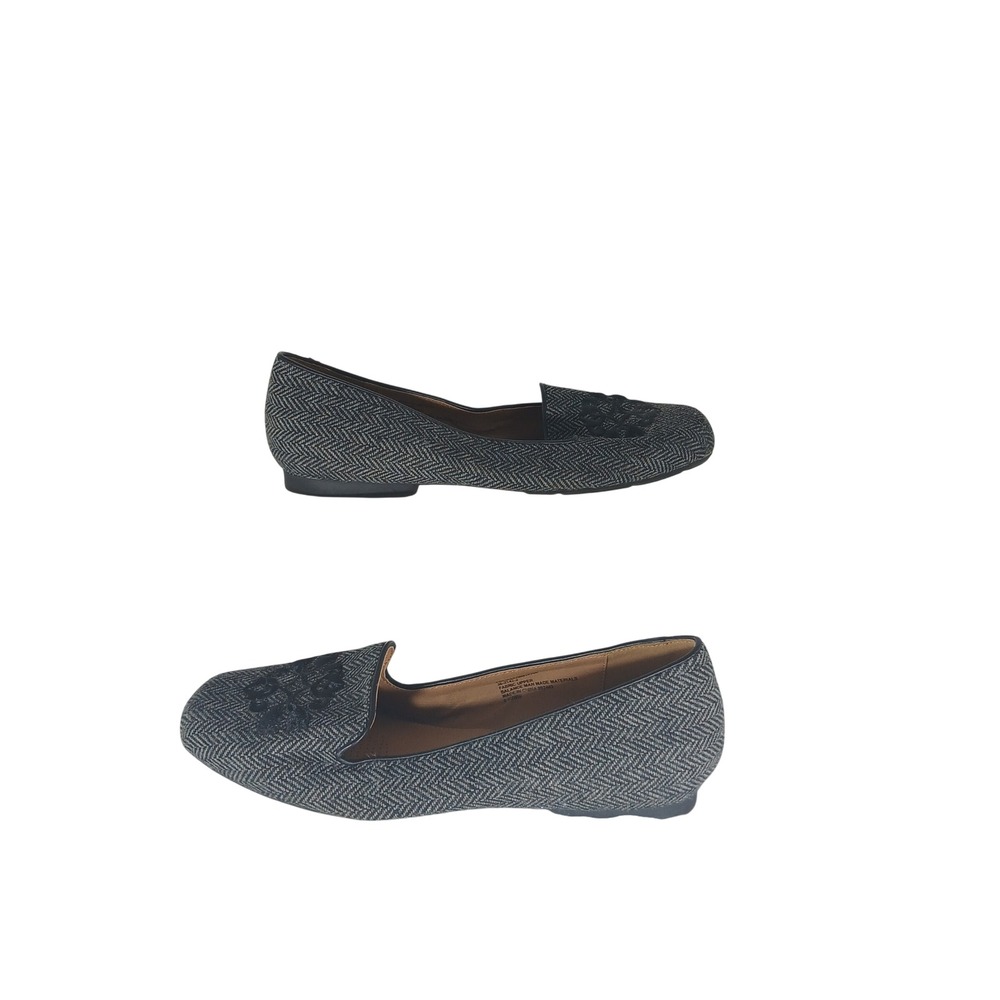 Comfortview Princeton Loafers 8.5 WW Grey Herringbone Floral Embroidery Preppy